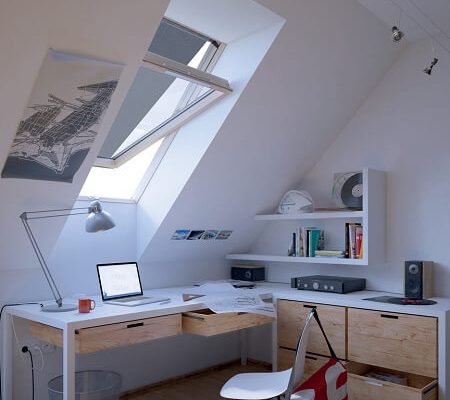 Desk built into a corner nook